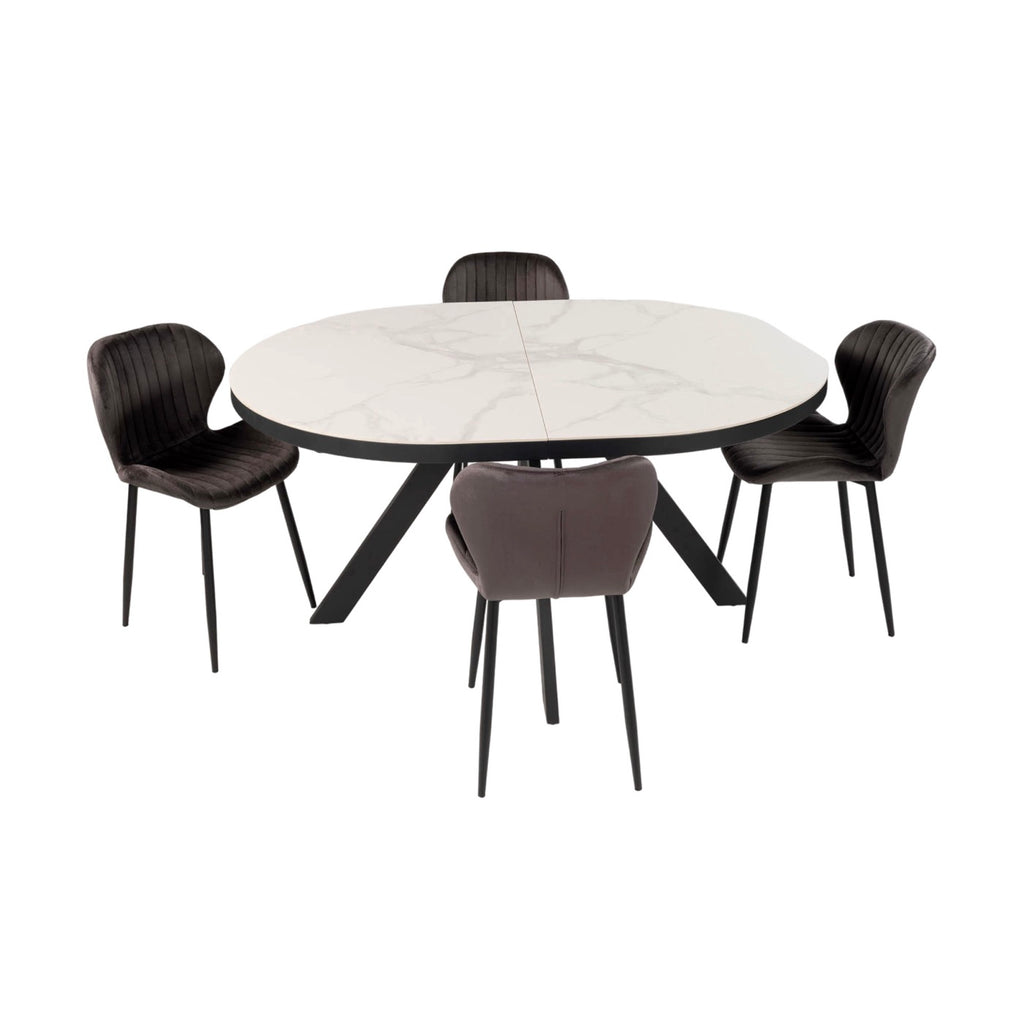 Velvet - Ensemble Table Ovale Céramique + 4 Chaises En Velours - Marbre Blanc