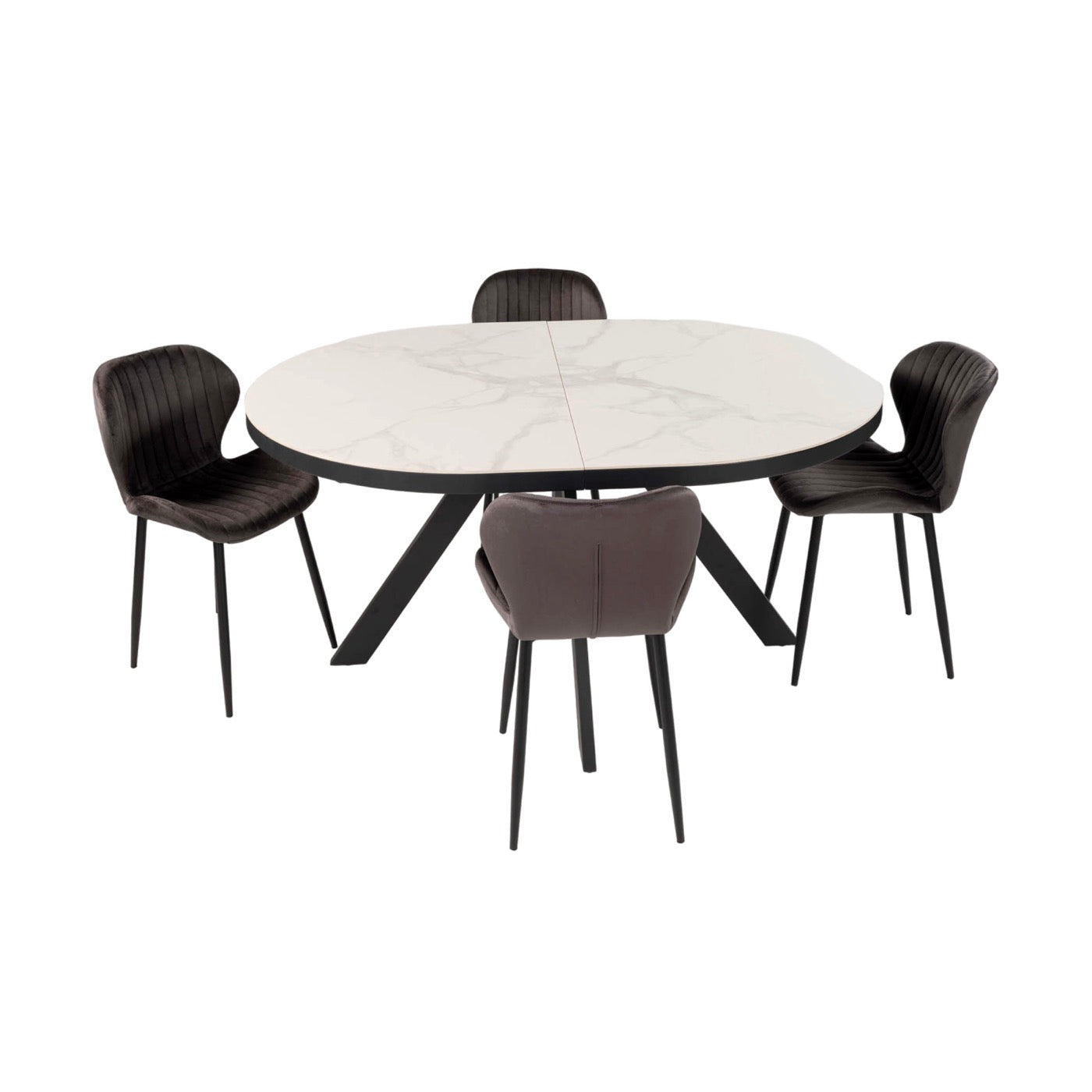 Velvet - Ensemble Table Ovale Céramique + 4 Chaises En Velours - Marbre Blanc