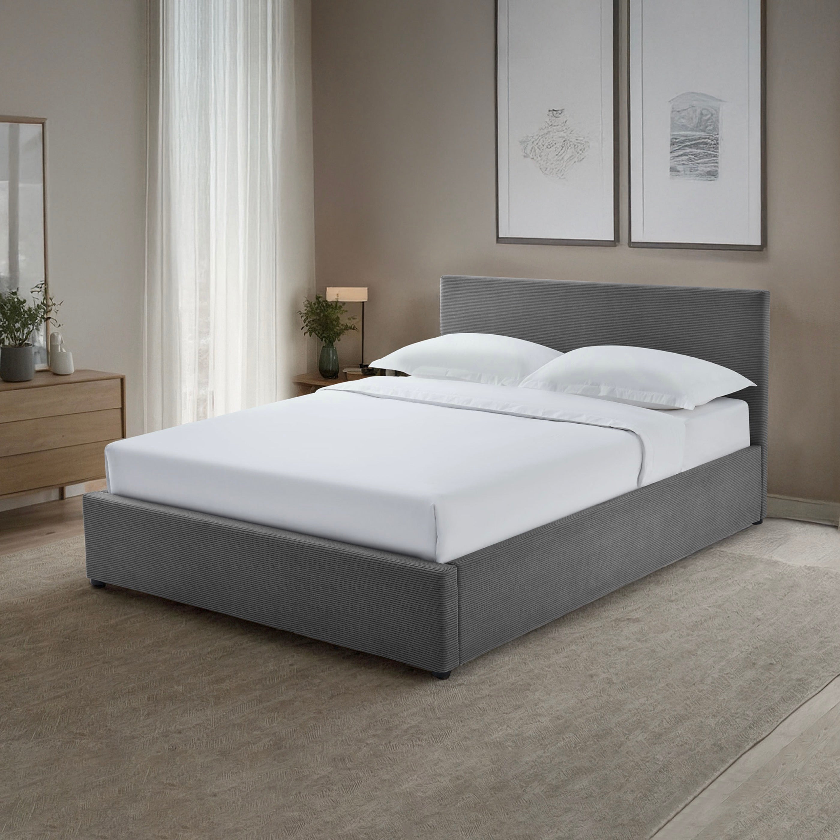 Tinali - Corduroy Storage Bed + Slatted Base - Gray