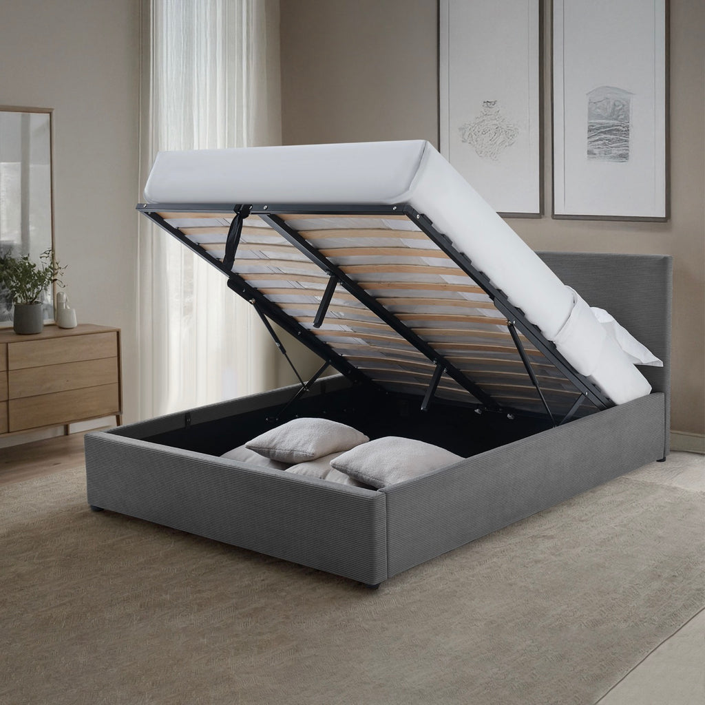 Tinali - Corduroy Storage Bed + Slatted Base - Gray
