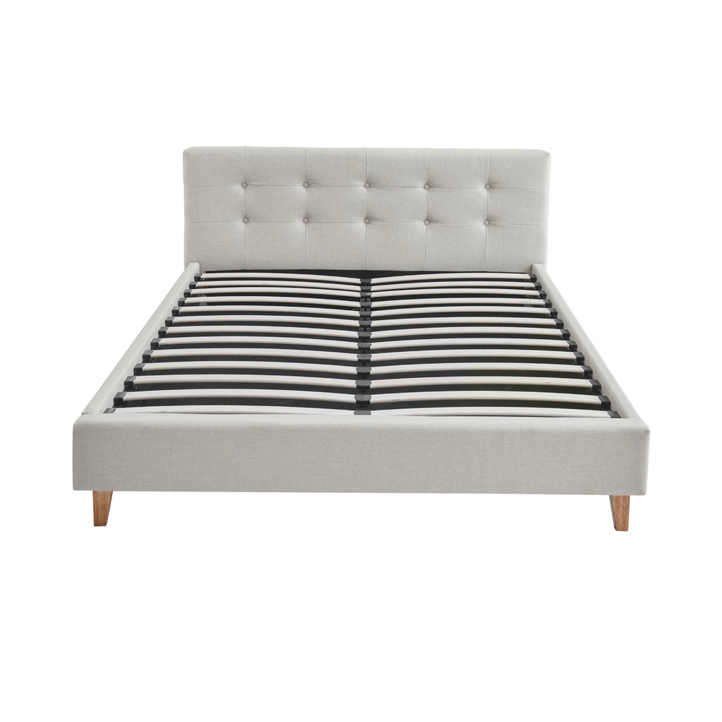 Mileno - Lit Avec Tête De Lit En Tissu Et Pieds Bois - Beige