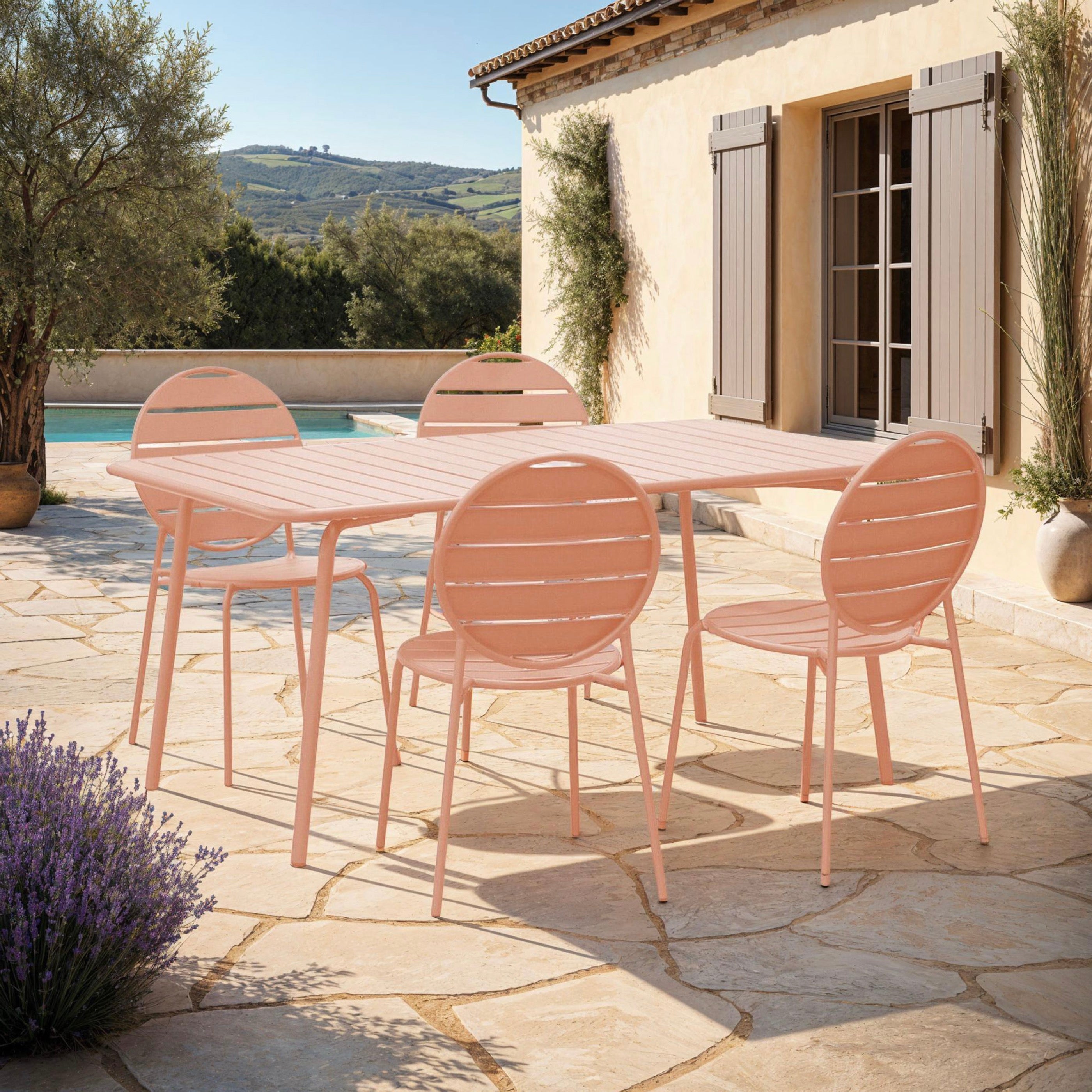 Baca - Garden Table Set + 4 Round Metal Chairs - Terracotta