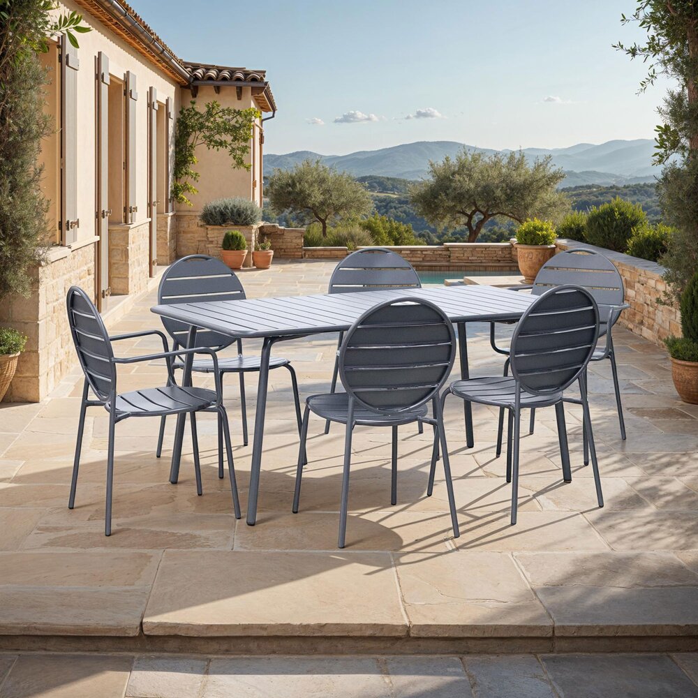 Baca - Table + 4 Chaises + 2 Fauteuils Ronds En Métal - Gris