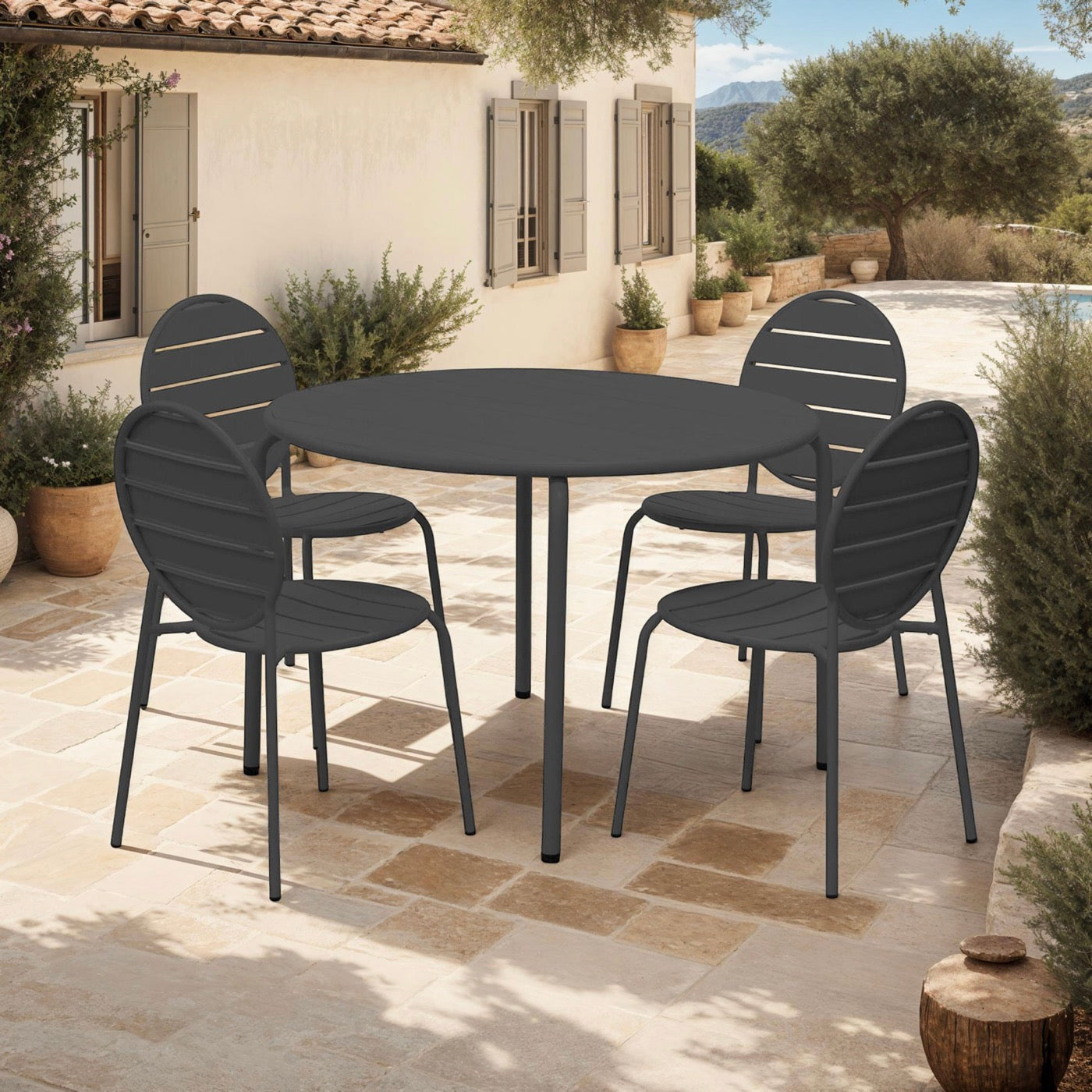Baca - Table + 4 Round Metal Chairs Set - Gray