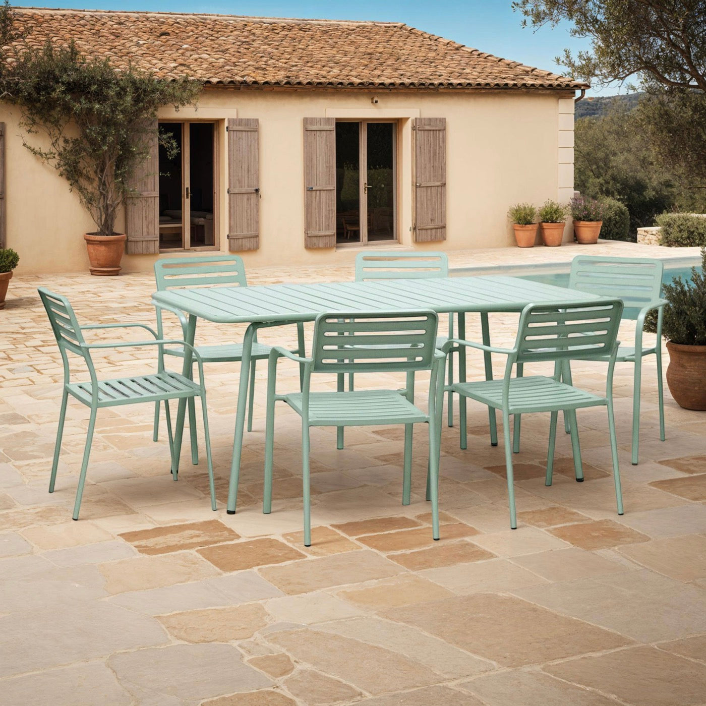 Baca - Mesa de Jardín + 6 Sillones de Metal Apilables - Verde
