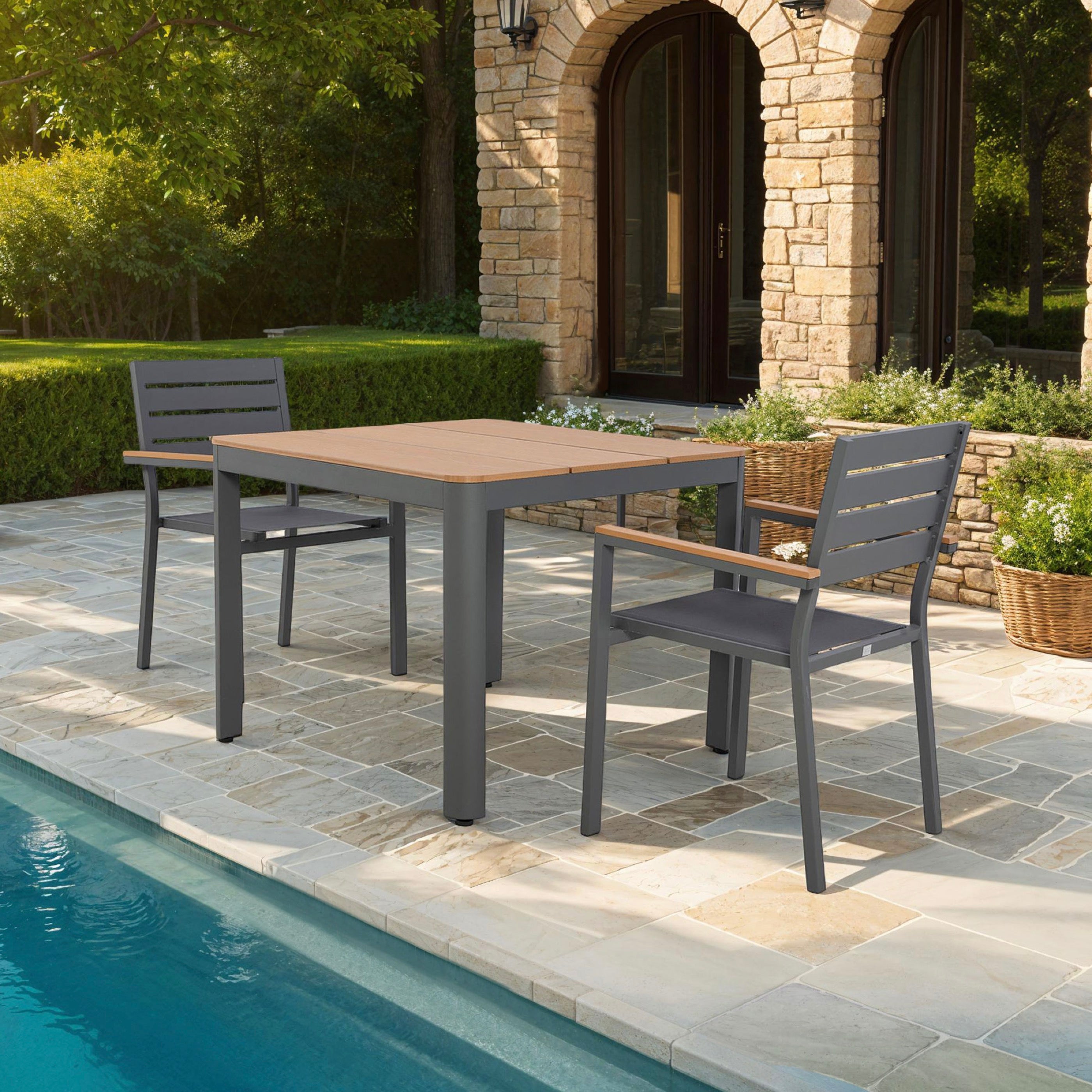 Mimizan - Square Garden Table + 2 Armchairs Set - Gray