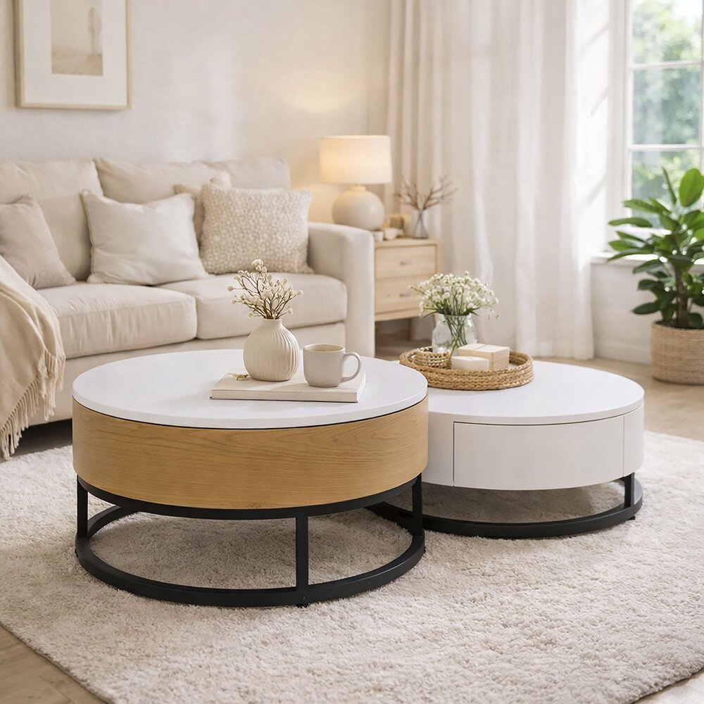 Calis - Lot De 2 Tables Basses Avec Plateau Relevable Et 2 Tioirs - Naturel