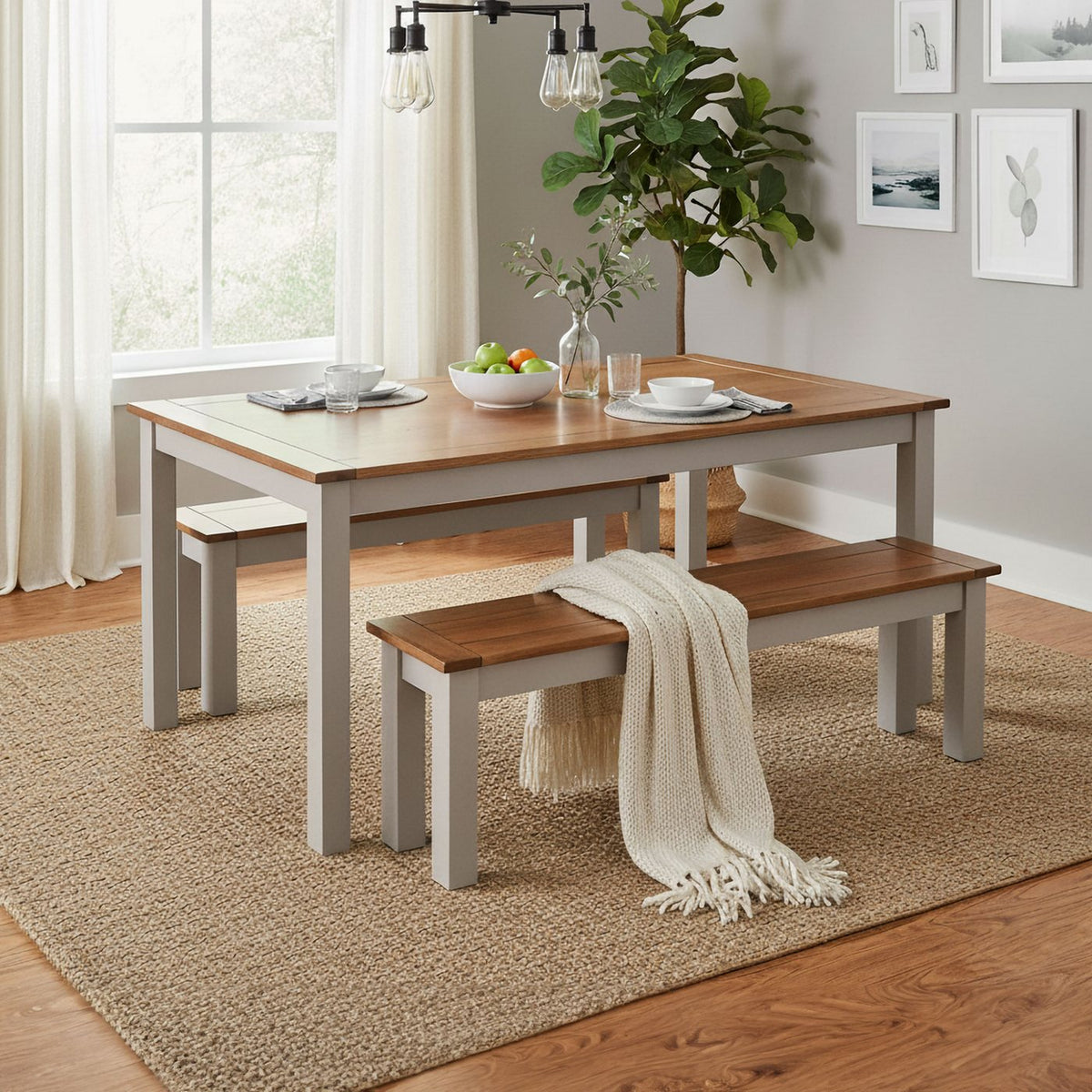 Ensemble Repas Table + 2 Bancs - Naturel Et Crème