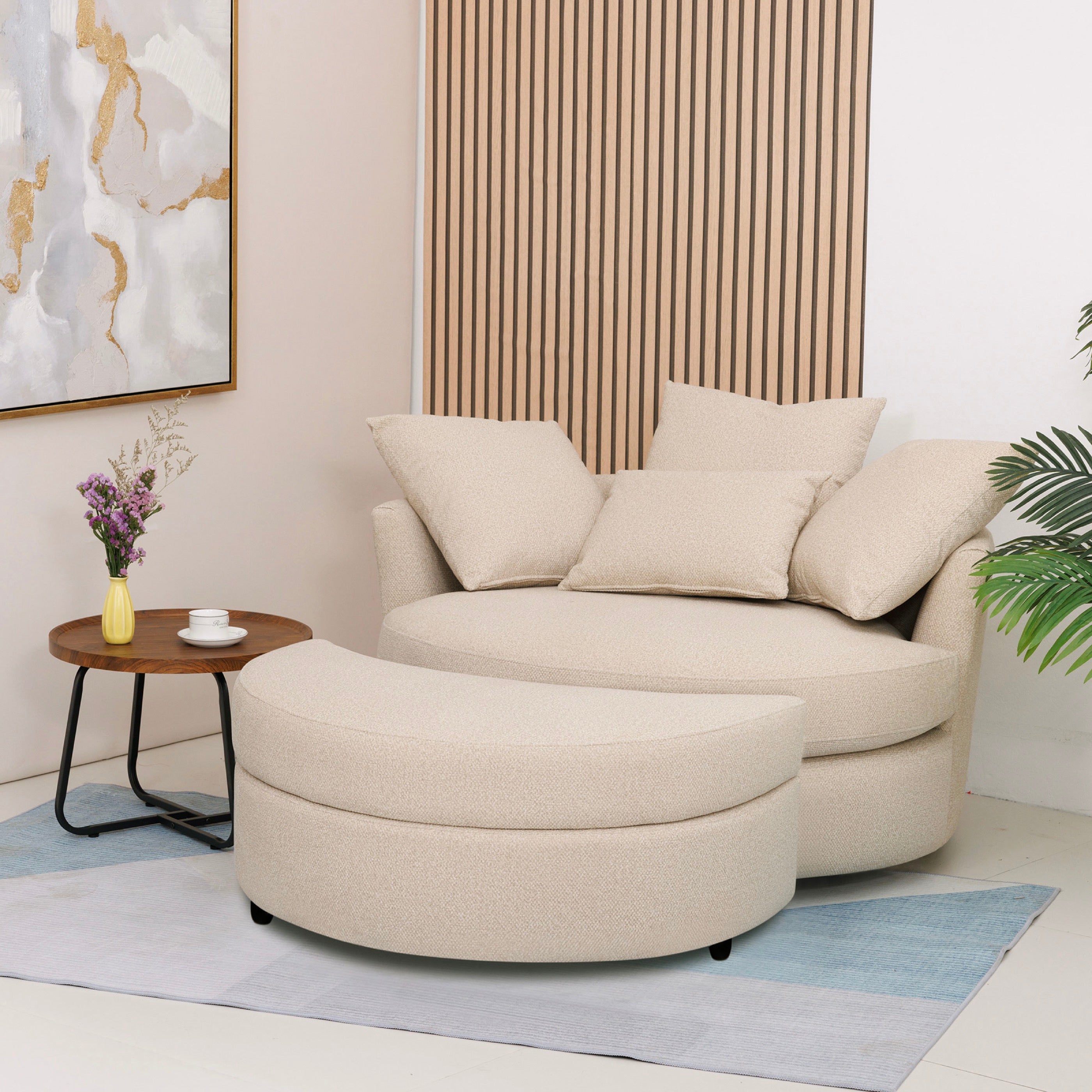 Fauteuil Rond Loveuse Pivotante + Coffre En Tissu Texturé - Beige