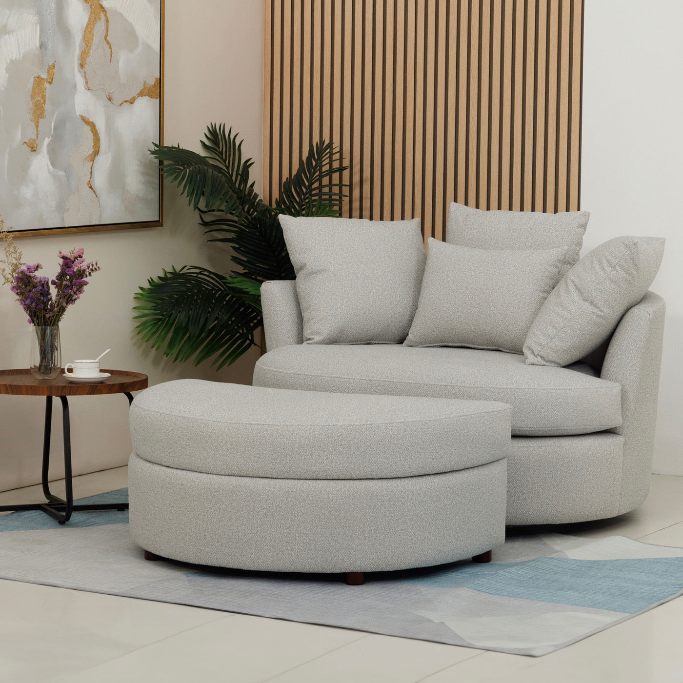 Sillón redondo giratorio Loveuse + Caja de tela texturizada - Gris