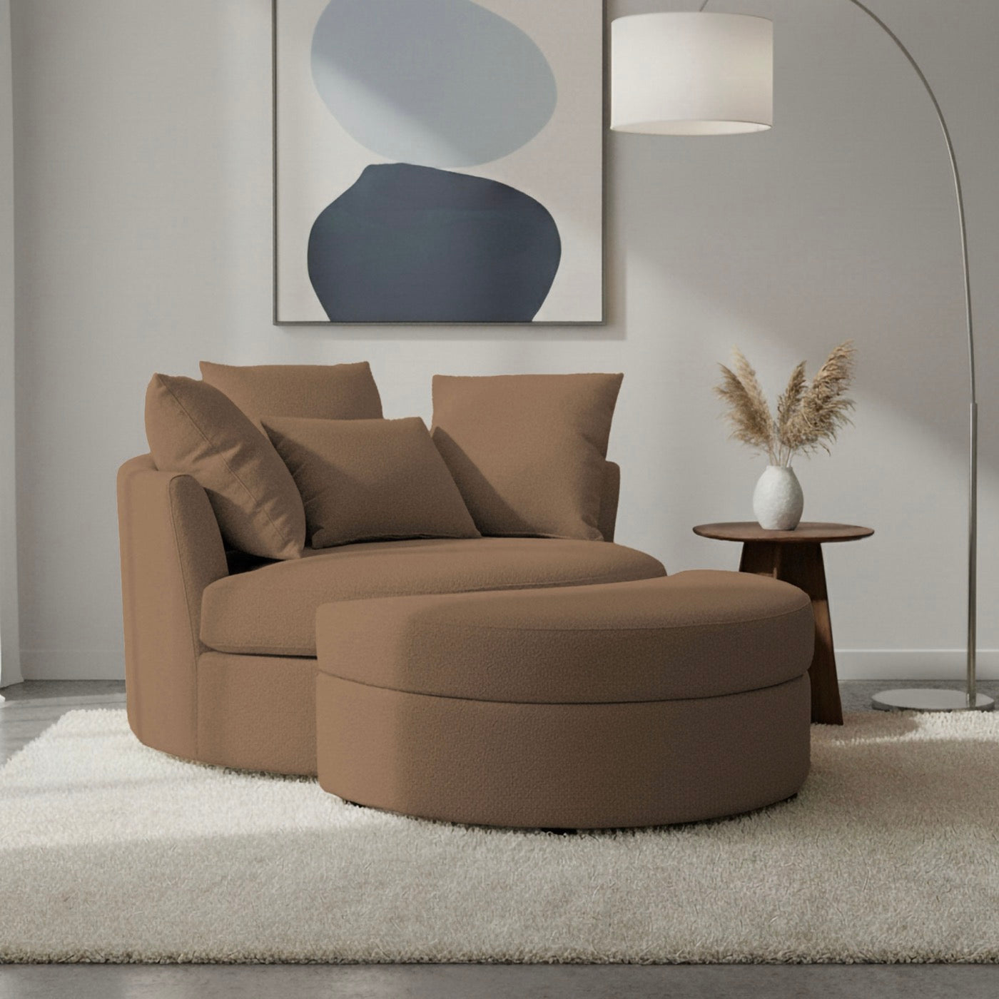 Loveuse Round Swivel Armchair + Textured Fabric Box - Brown