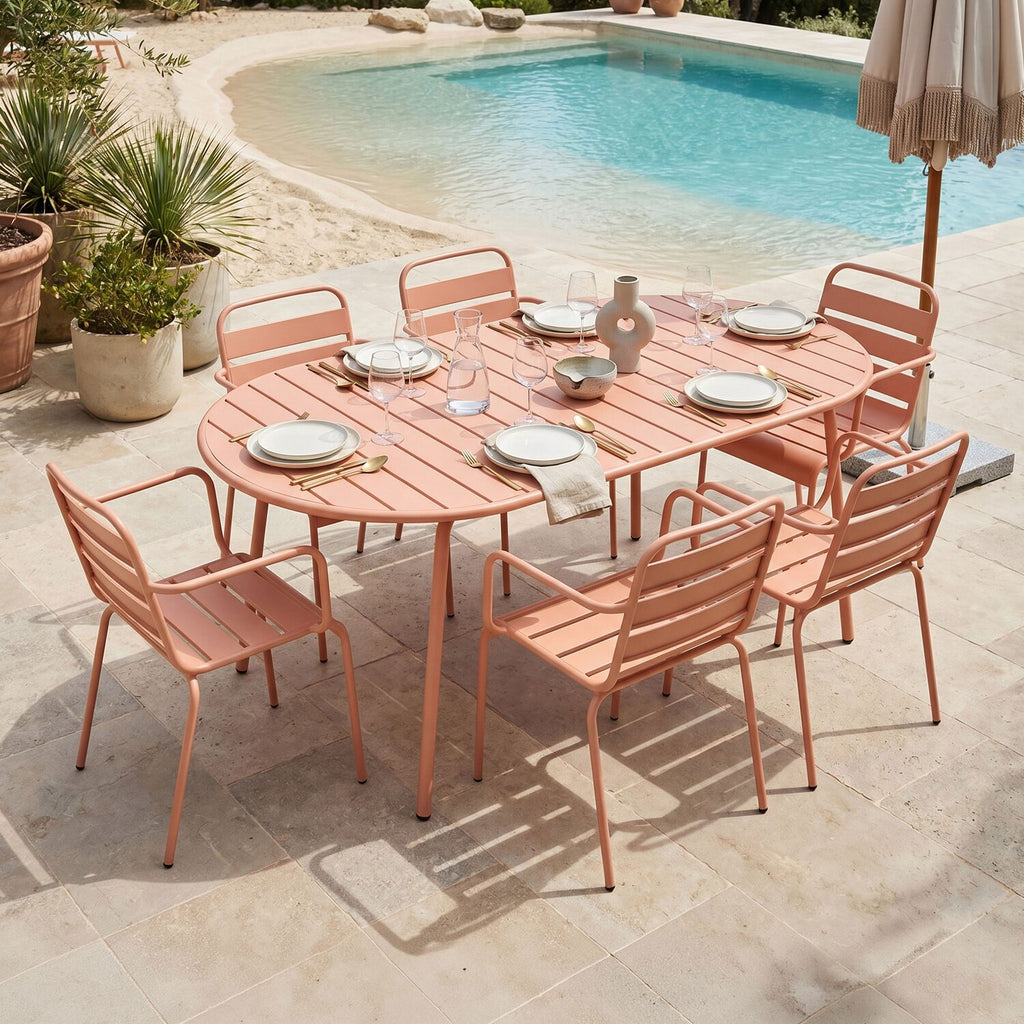 Baca - Conjunto Mesa de Jardín Ovalada + 6 Sillones de Metal - Terracota