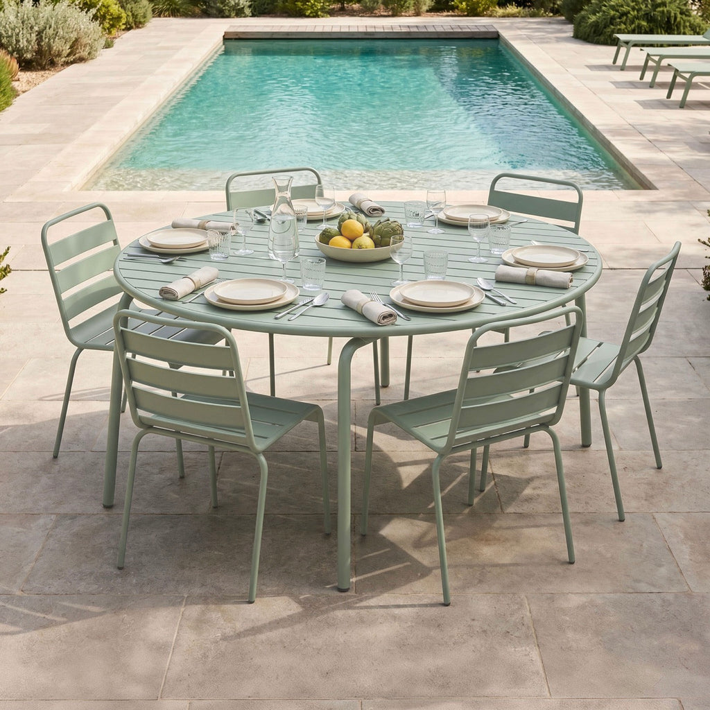 Baca - Conjunto Mesa de Jardín + 6 Sillas de Metal - Verde