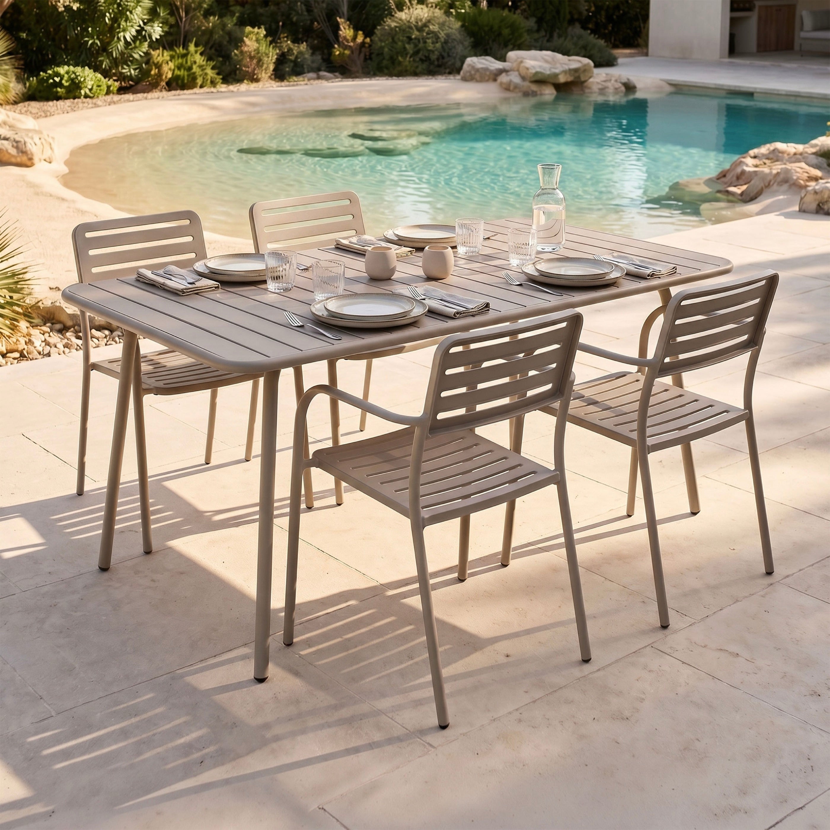 Baca - Garden Table + 4 Stackable Metal Armchairs - Taupe