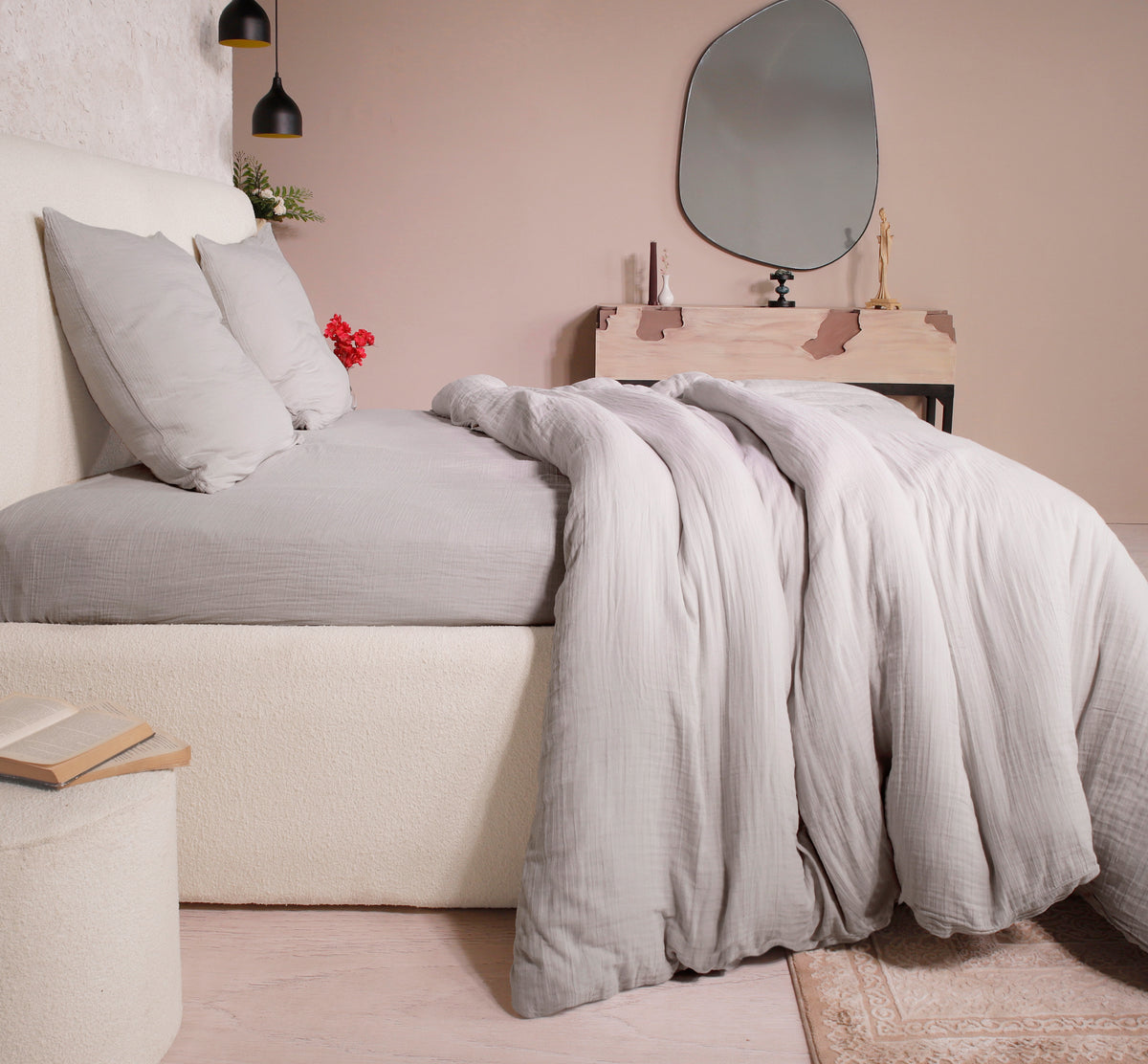 Ava - Parure da Letto Completa - 100% Garza di Cotone Lavato - Grigio Ghiaccio
