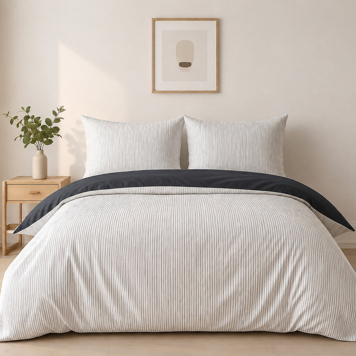 Milleray - Juego de cama + 2 fundas de almohada - Miniseersucker a rayas negro - Poliéster - Carbón