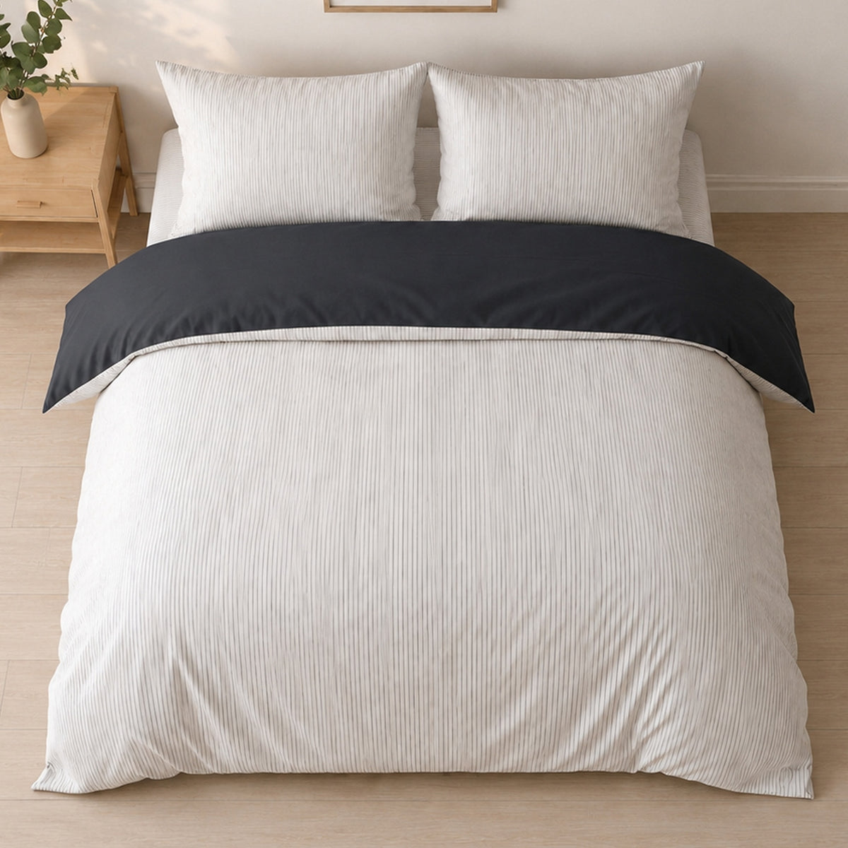 Milleray - Juego de cama + 2 fundas de almohada - Miniseersucker a rayas negro - Poliéster - Carbón