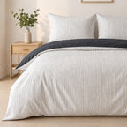 Milleray - Juego de cama + 2 fundas de almohada - Miniseersucker a rayas negro - Poliéster - Carbón