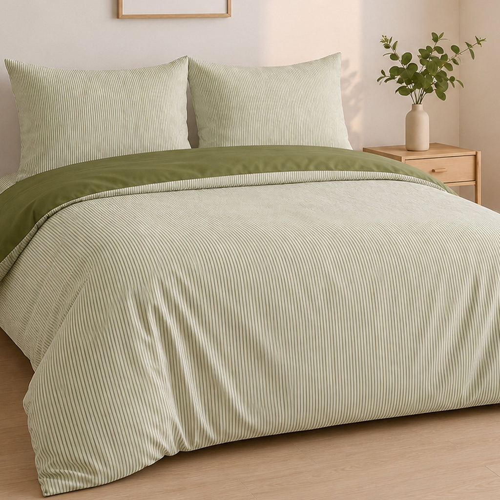 Milleray - Juego de cama + 2 fundas de almohada - Miniseersucker a rayas - Poliéster - Verde oliva