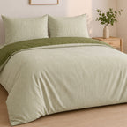 Milleray - Juego de cama + 2 fundas de almohada - Miniseersucker a rayas - Poliéster - Verde oliva