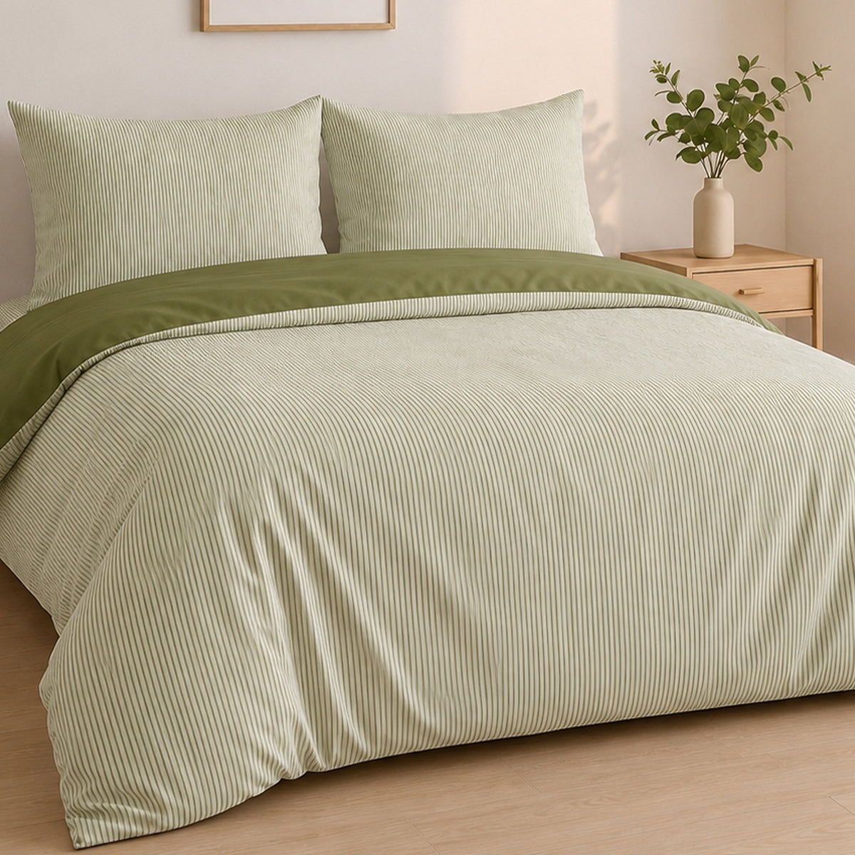 Milleray - Juego de cama + 2 fundas de almohada - Miniseersucker a rayas - Poliéster - Verde oliva