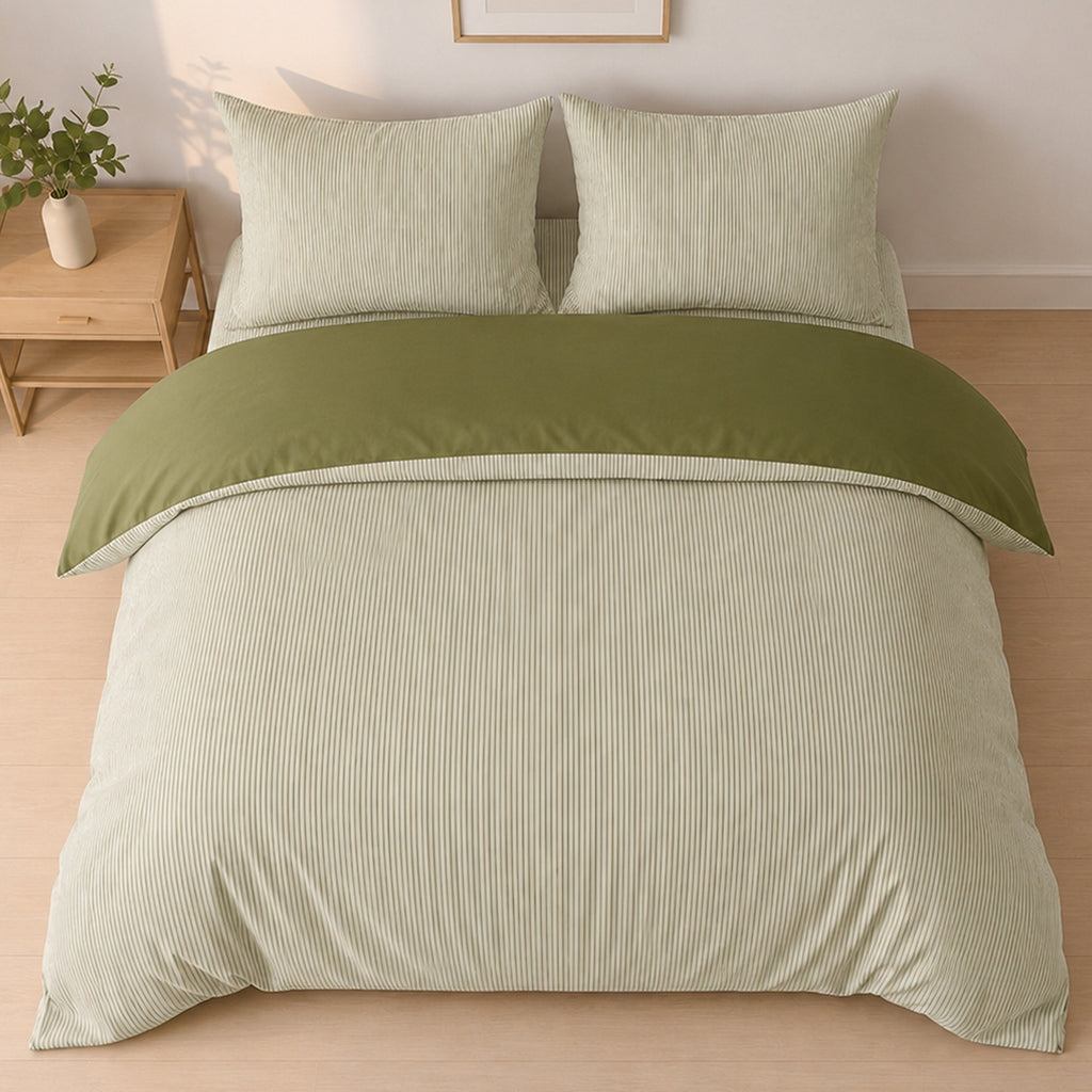 Milleray - Juego de cama + 2 fundas de almohada - Miniseersucker a rayas - Poliéster - Verde oliva