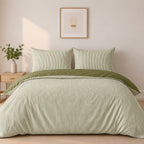 Milleray - Juego de cama + 2 fundas de almohada - Miniseersucker a rayas - Poliéster - Verde oliva