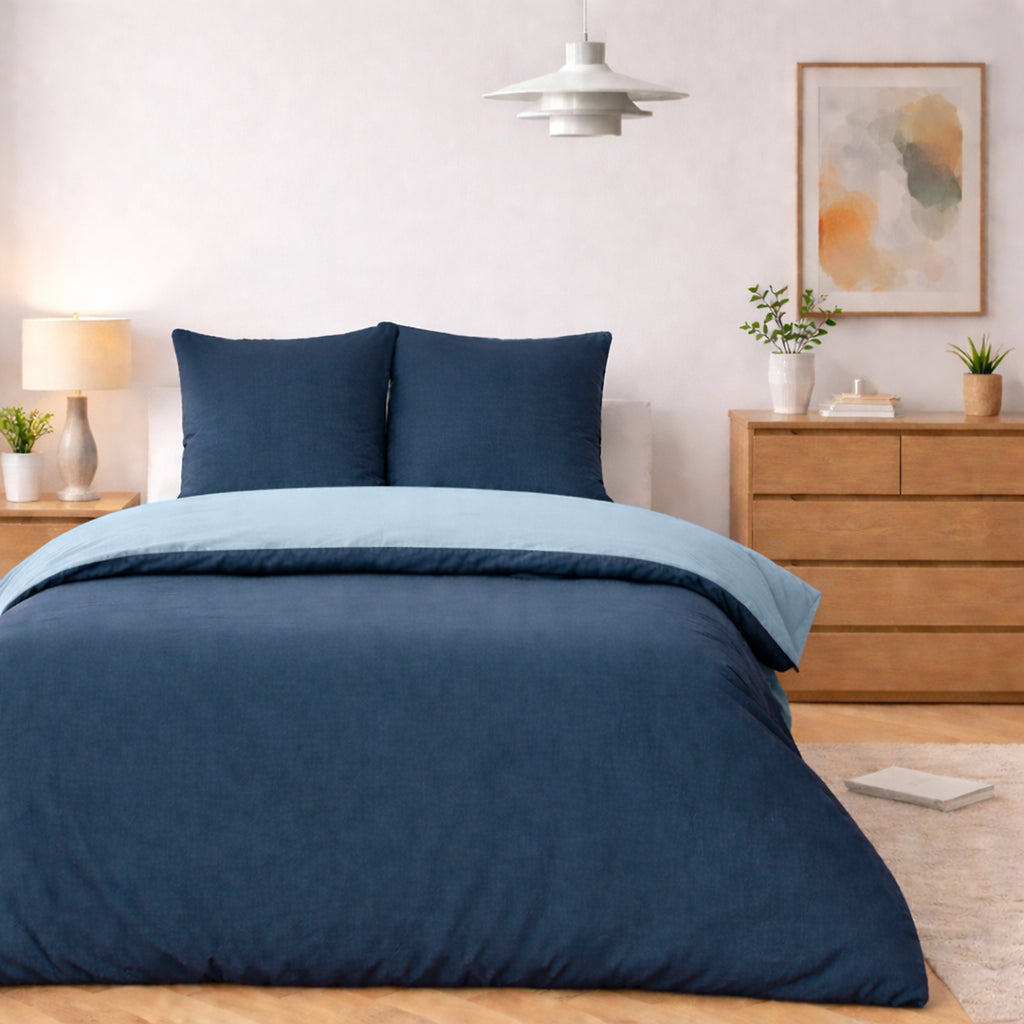 Vicky - Parure Housse De Couette Bicolore - 100% Coton Lavé - Bleu Et Navy - Bleu Foncé