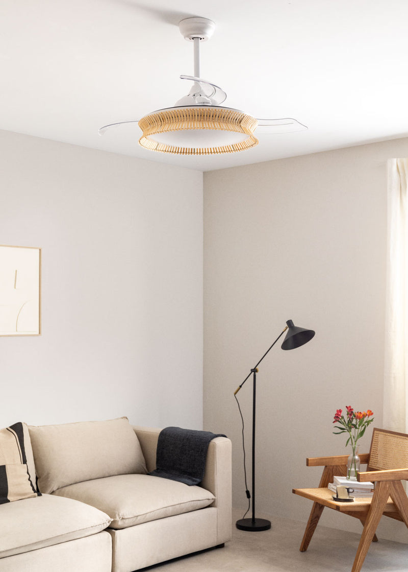 Wind Clear Rattan M - Ventilateur De Plafond Silencieux Lames Rétractables Avec Éclairage LED - Avec Wifi - Noeud