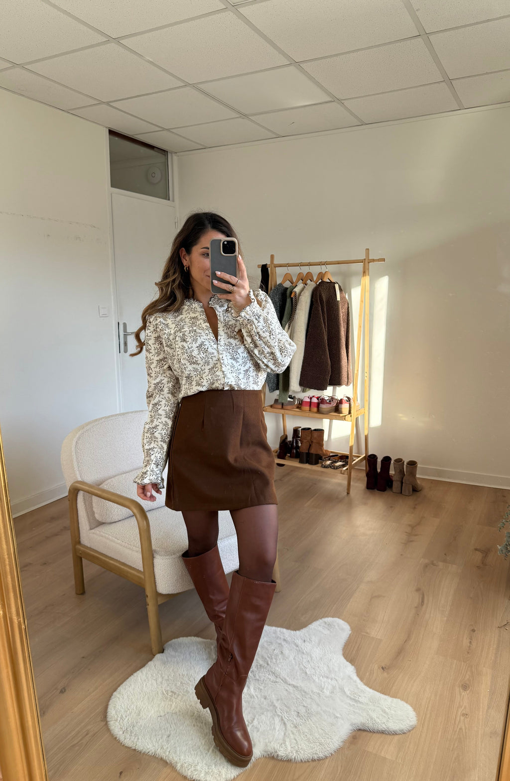 Lou chocolate wool-effect skirt