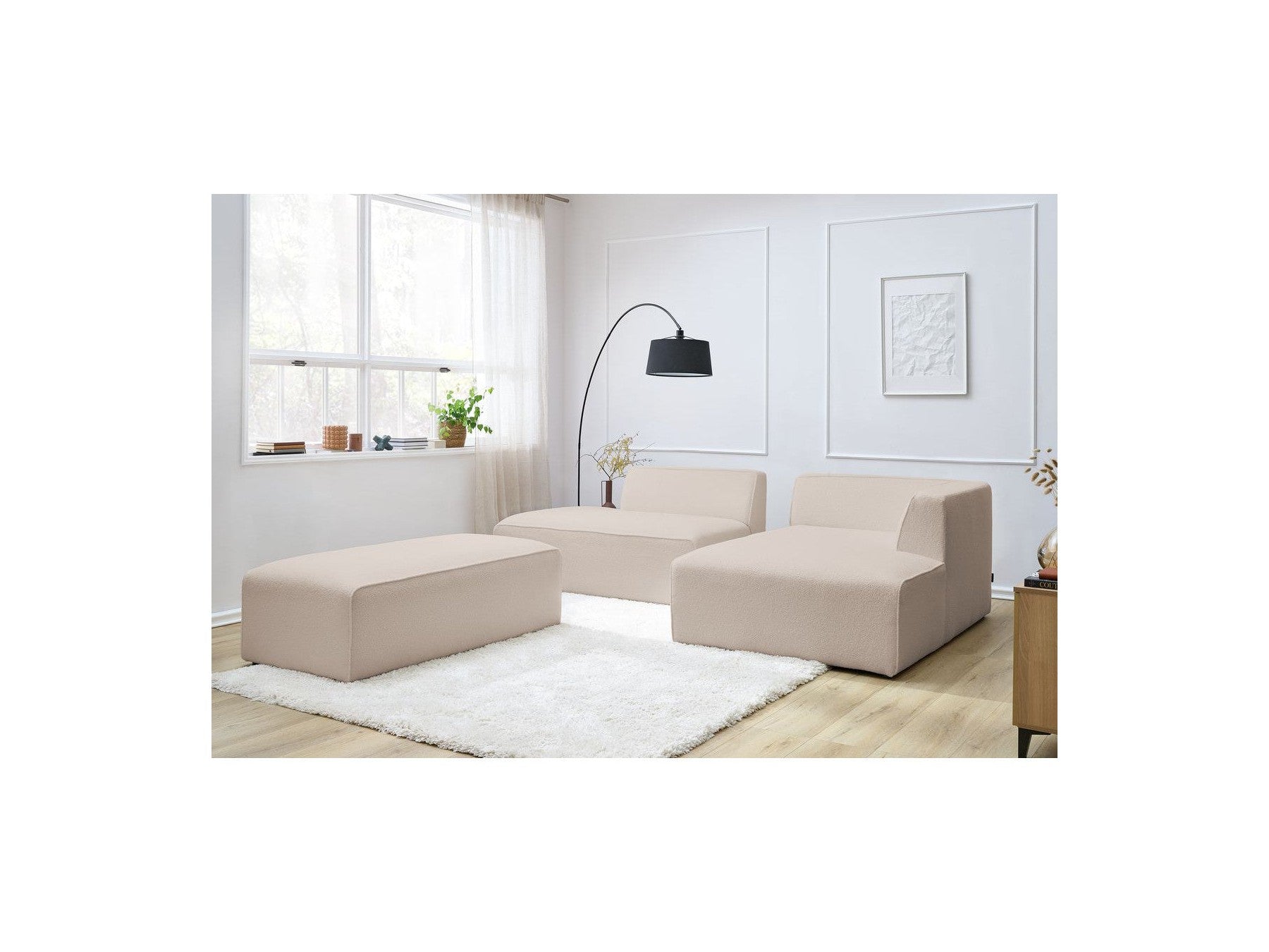 Megeve - Sofá esquinero fijo modular - Tela bouclé - Con puf - Esquina derecha