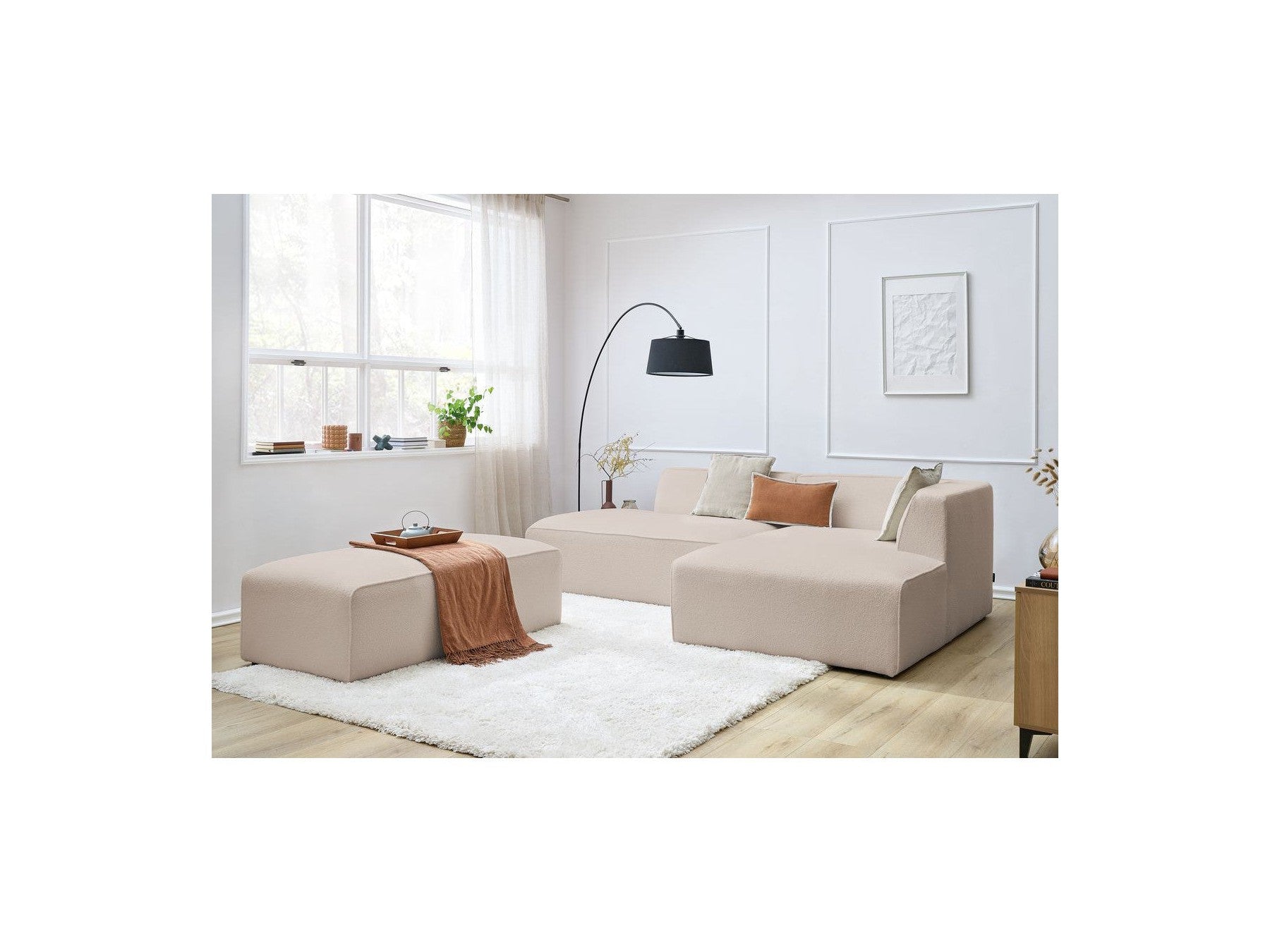 Megeve - Sofá esquinero fijo modular - Tela bouclé - Con puf - Esquina derecha