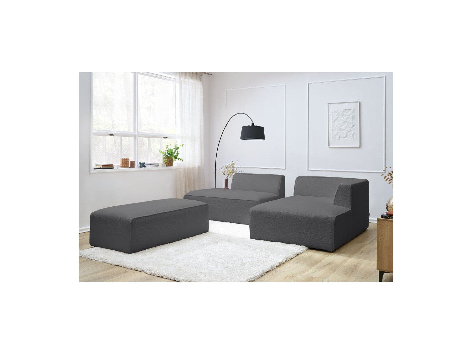 Megeve - Sofá esquinero fijo modular - Tela bouclé - Con puf - Esquina derecha