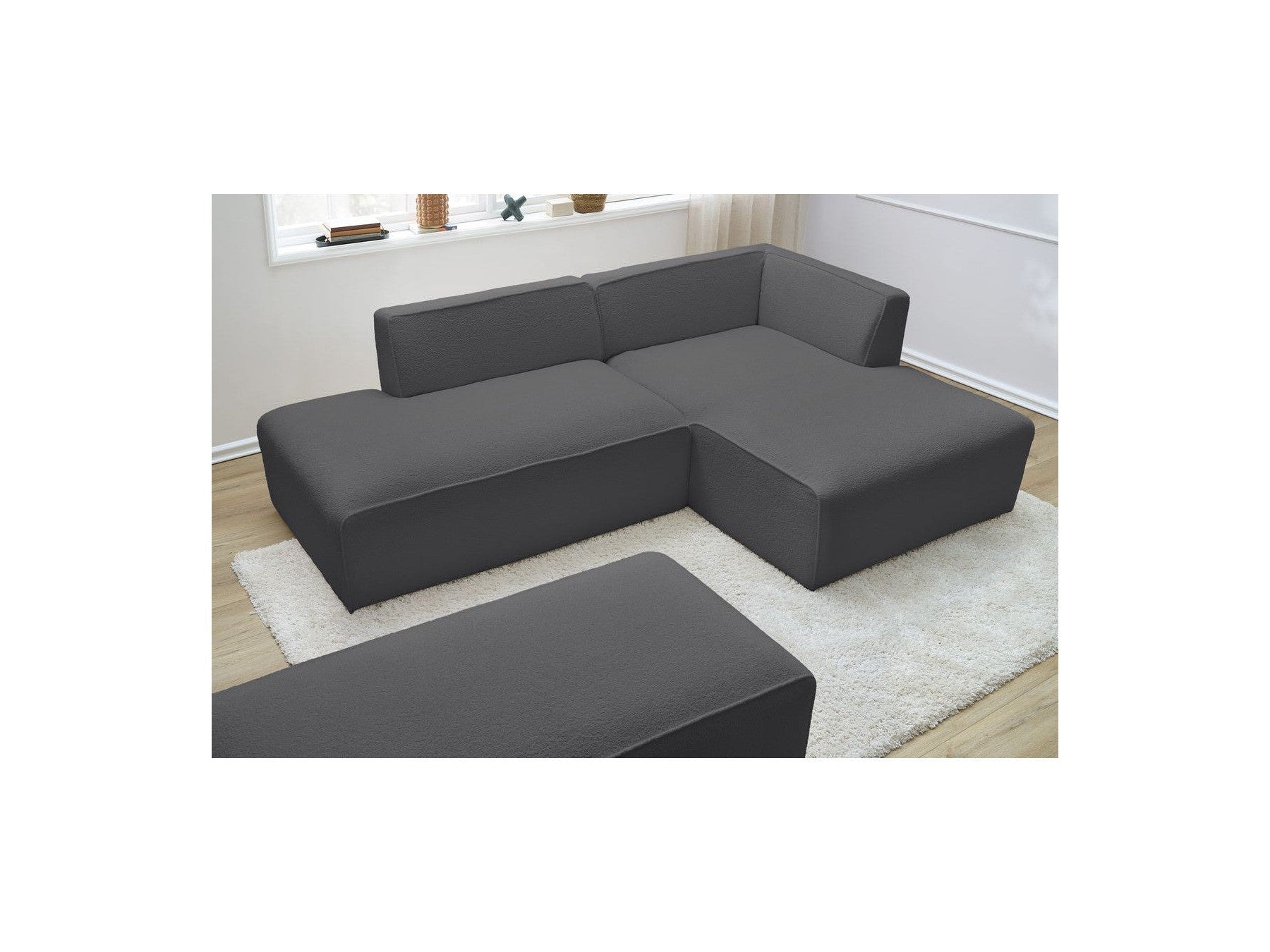 Megeve - Sofá esquinero fijo modular - Tela bouclé - Con puf - Esquina derecha