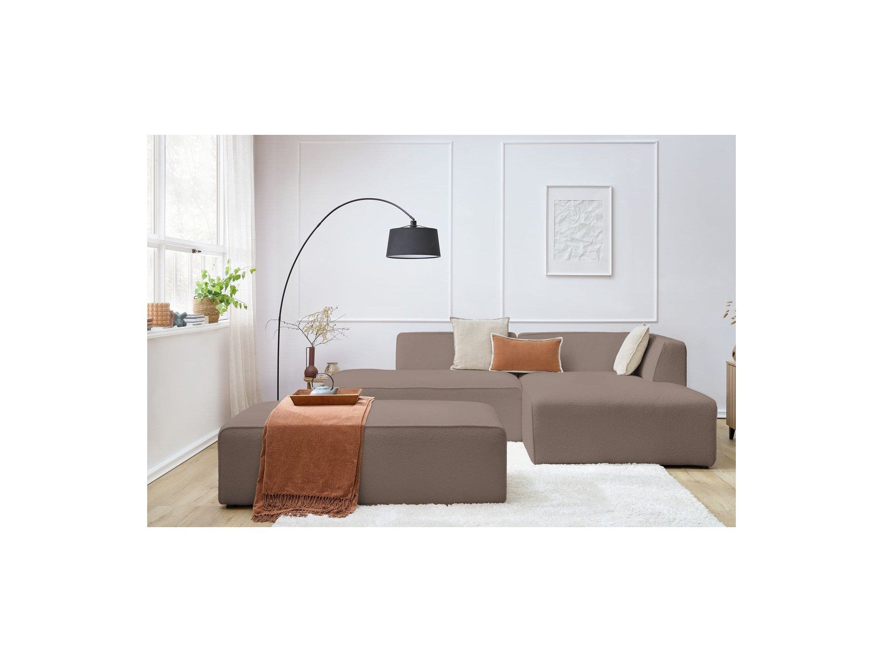 Megeve - Sofá esquinero fijo modular - Tela bouclé - Con puf - Esquina derecha
