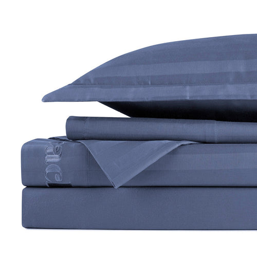 Jacquard - Ensemble De Draps - Satin De Coton - Rayure Tissé Dobby - Bleu