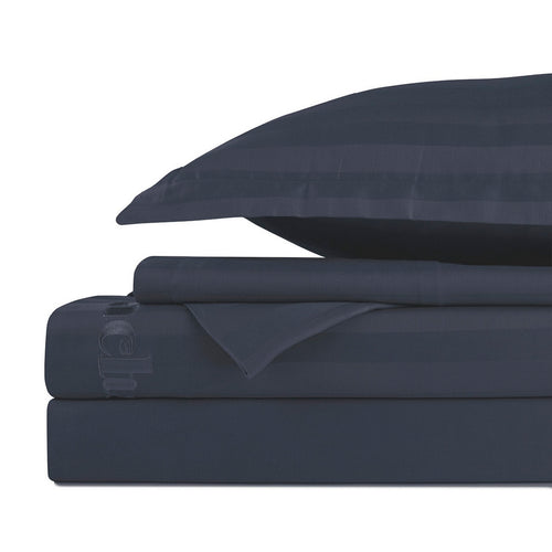 Jacquard - Ensemble De Draps - Satin De Coton - Rayure Tissé Dobby - Blue Foncé