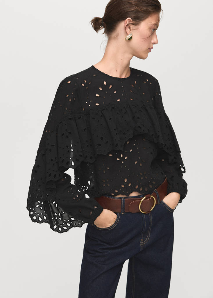 Blouse met broderie anglaise en ruches