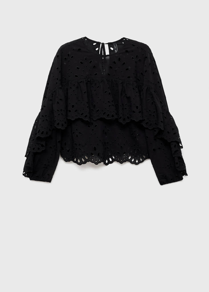 Blouse met broderie anglaise en ruches