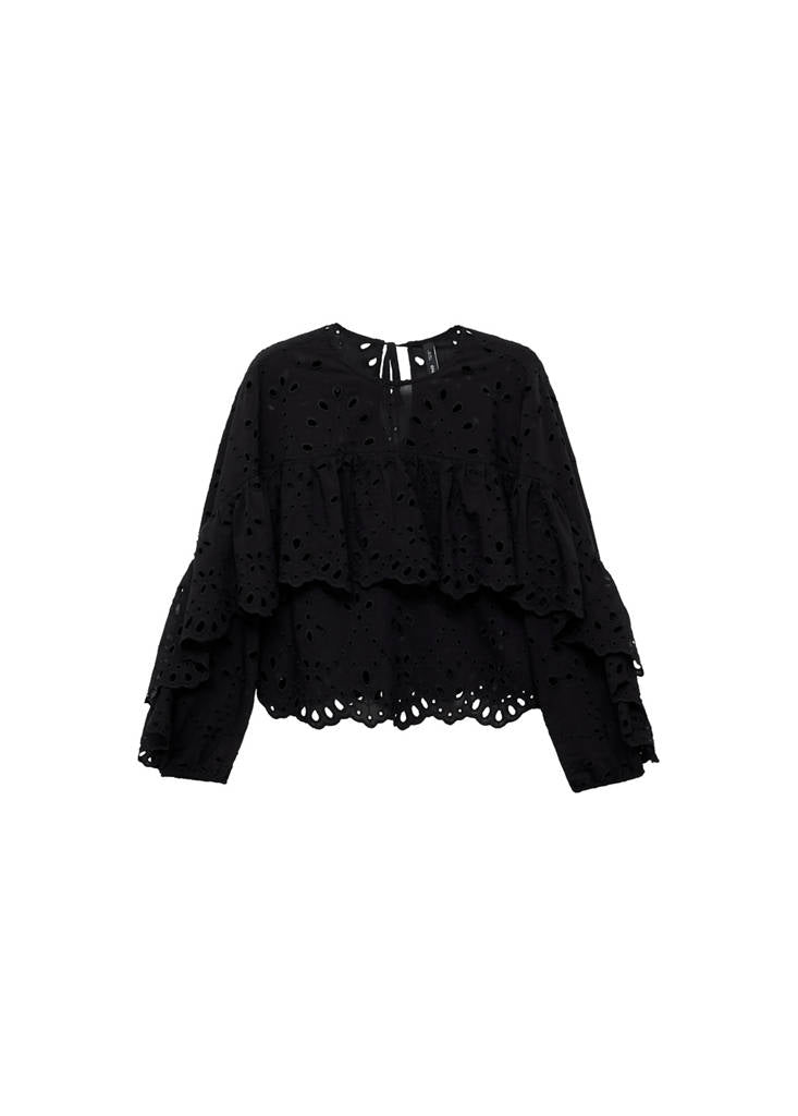 Blouse met broderie anglaise en ruches