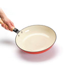 Poêle En Fonte Emaillée 24 Cm Avec Manche En Bois - Blanc / Rouge
