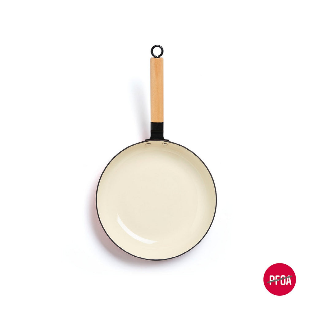 Poêle En Fonte Emaillée 24 Cm Avec Manche En Bois - Blanc / Rouge