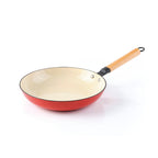Poêle En Fonte Emaillée 24 Cm Avec Manche En Bois - Blanc / Rouge