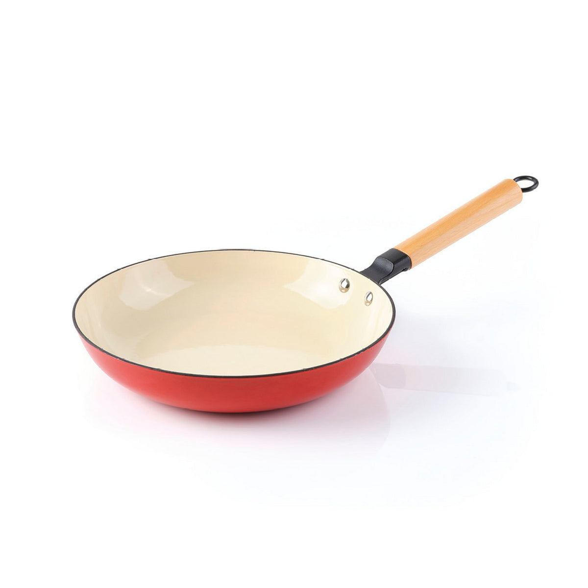 Poêle En Fonte Emaillée 24 Cm Avec Manche En Bois - Blanc / Rouge