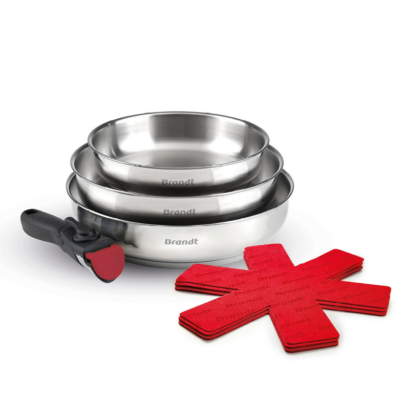 BRANDT - Set of 3 Amo Stainless Steel Frying Pans with Removable Handle + 3 Pan Protectors - Silver / Black / Red