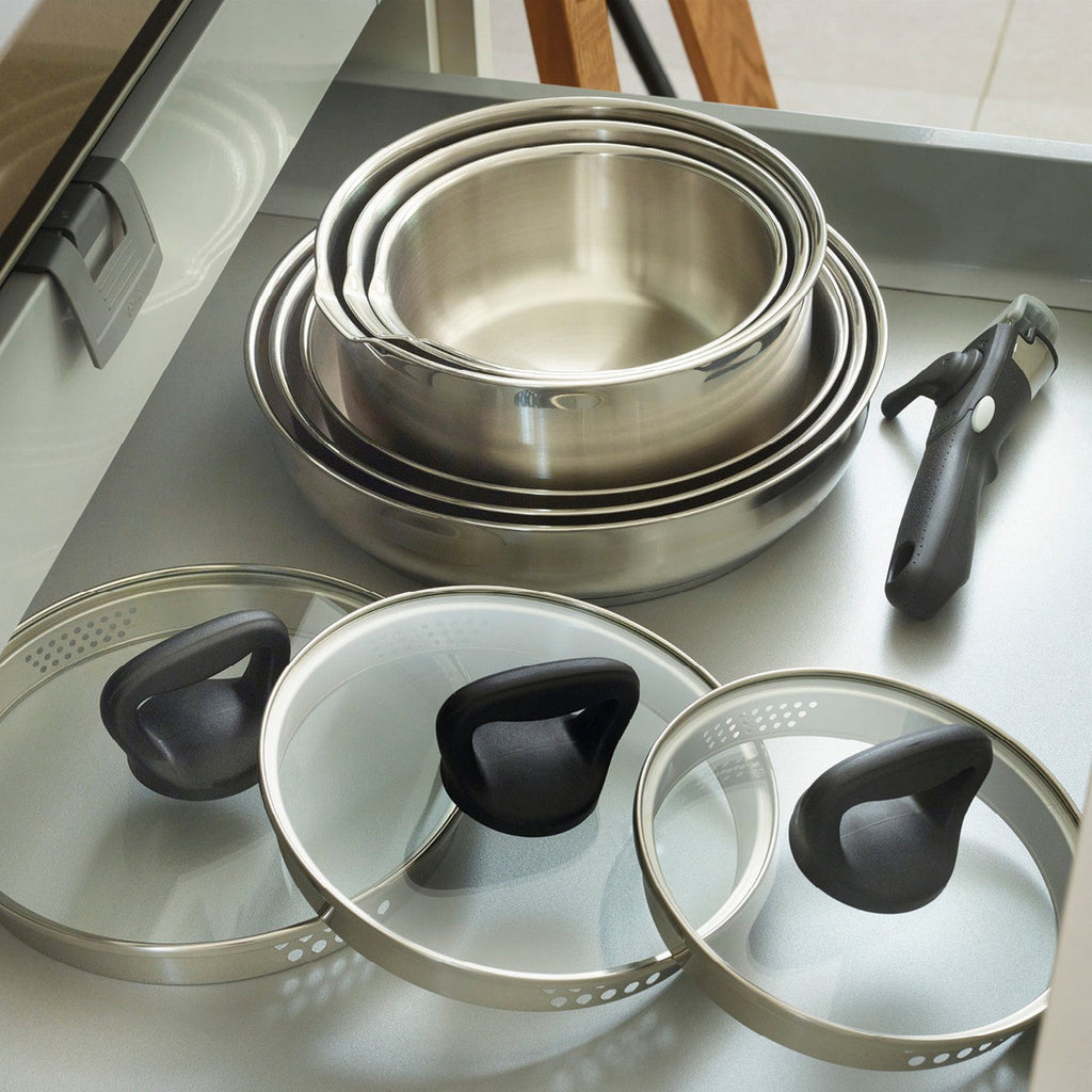 BRANDT - Set of 3 Amo Stainless Steel Frying Pans with Removable Handle + 3 Pan Protectors - Silver / Black / Red