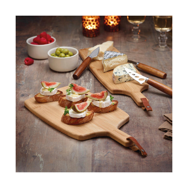 Tabla De Cortar Rectangular Con Mango - Bambú + Juego De 3 Cuchillos Para Queso