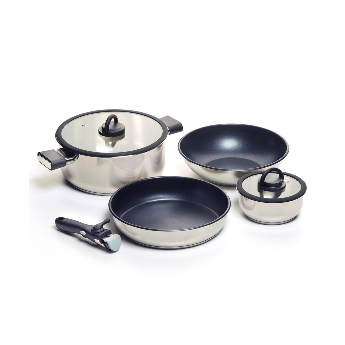 7-Piece Stackable Cookware Set with Removable Handle - Silver