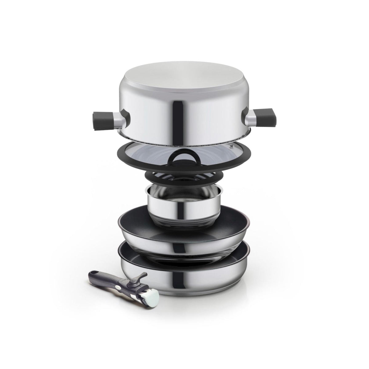 7-Piece Stackable Cookware Set with Removable Handle - Silver