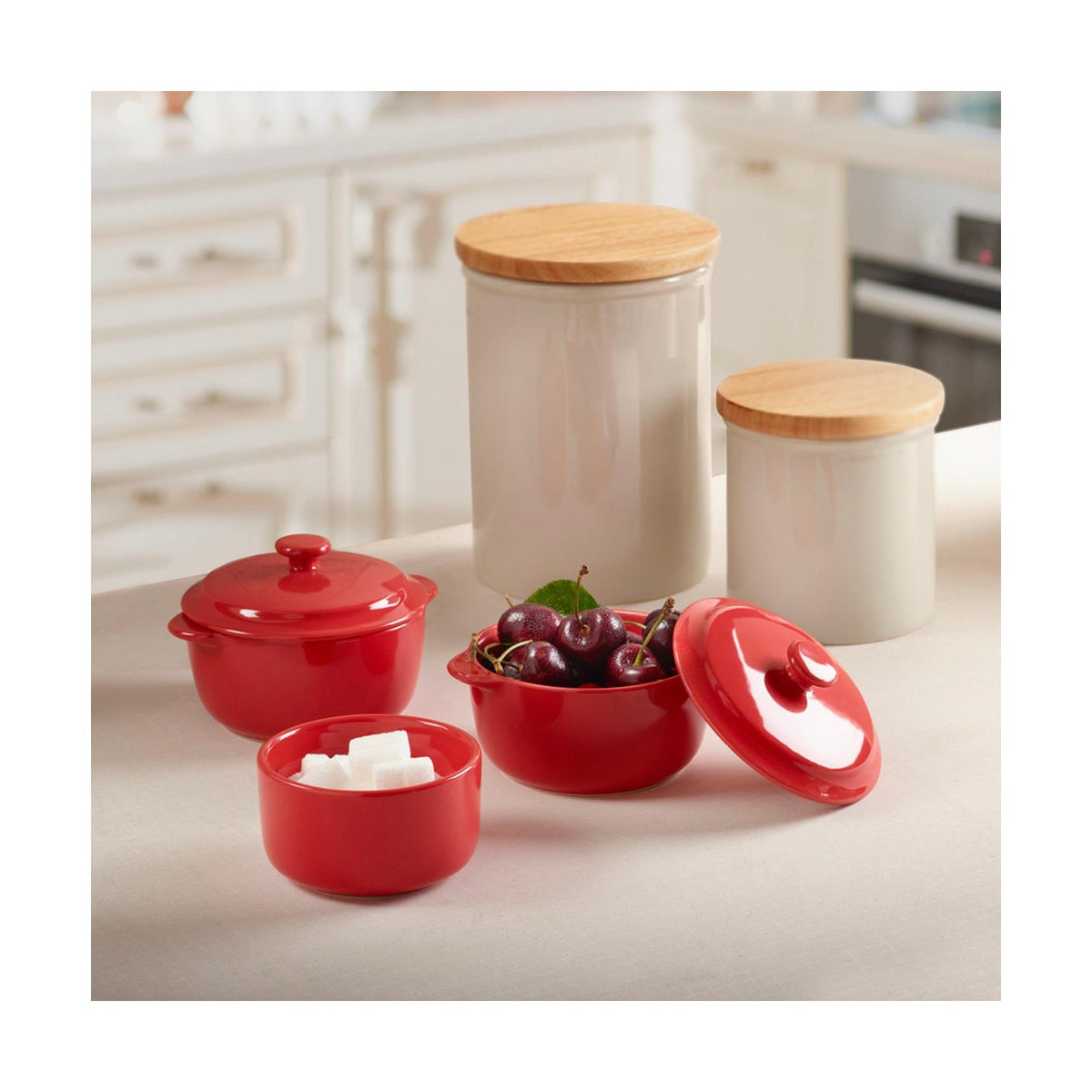 Set med 4 portionsformar - Röd/Crème/Blå/Pastellgrön